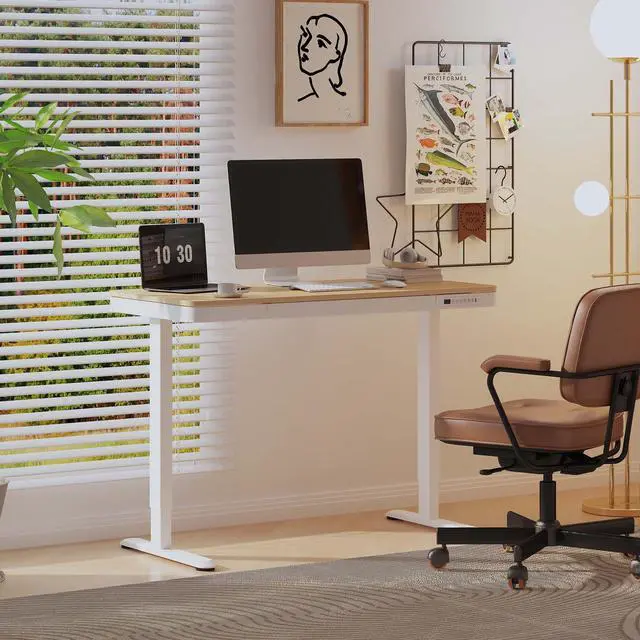 Alt view image 7 of 7 - Comhar 48" Electric Standing Desk with Drawers, USB Charging Ports, Quick Assembly, Height Adjustable Sit Stand Desk with Child Lock for Natural Home Office, Bamboo Finish Top/White Legs