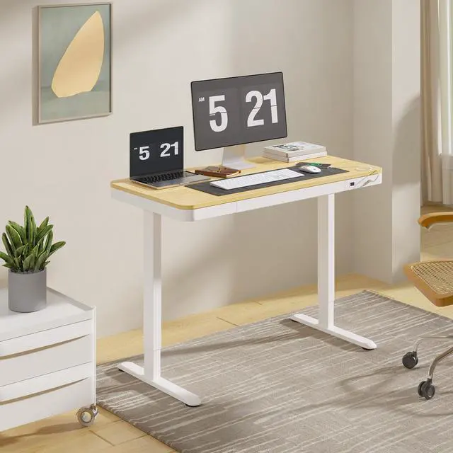 Alt view image 2 of 7 - Comhar 48" Electric Standing Desk with Drawers, USB Charging Ports, Quick Assembly, Height Adjustable Sit Stand Computer Desk with Child Lock for Scandinavian Home Office, Maple