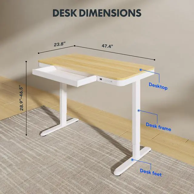 Alt view image 3 of 7 - Comhar 48" Electric Standing Desk with Drawers, USB Charging Ports, Quick Assembly, Height Adjustable Sit Stand Computer Desk with Child Lock for Scandinavian Home Office, Maple