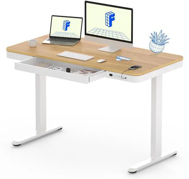 Main image of Comhar 48" Electric Standing Desk with Drawers, USB Charging Ports, Quick Assembly, Height Adjustable Sit Stand Computer Desk with Child Lock for Scandinavian Home Office, Maple
