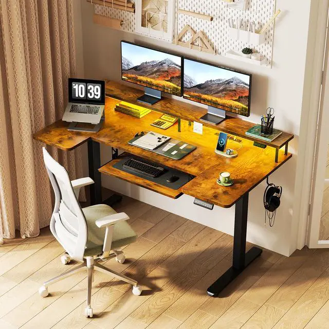 Alt view image 2 of 7 - 55 Inch U Shaped Standing Desk with Keyboard Tray, Rustic Brown | Power Outlet, Dual-Monitor Stand, LED Light, 3 Presets, 28.3"-46.5"in Range, 154 lb Capacity