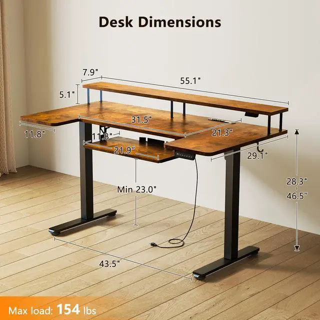 Alt view image 3 of 7 - 55 Inch U Shaped Standing Desk with Keyboard Tray, Rustic Brown | Power Outlet, Dual-Monitor Stand, LED Light, 3 Presets, 28.3"-46.5"in Range, 154 lb Capacity