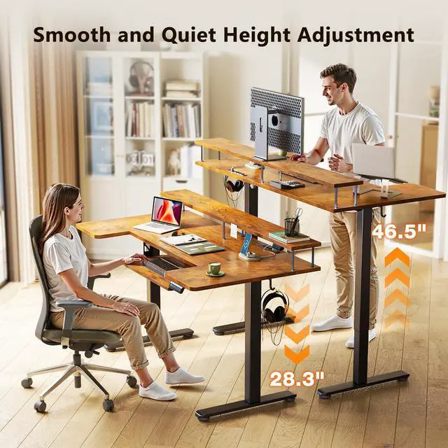 Alt view image 4 of 7 - 55 Inch U Shaped Standing Desk with Keyboard Tray, Rustic Brown | Power Outlet, Dual-Monitor Stand, LED Light, 3 Presets, 28.3"-46.5"in Range, 154 lb Capacity