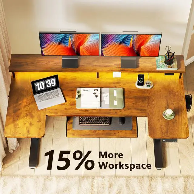 Alt view image 5 of 7 - 55 Inch U Shaped Standing Desk with Keyboard Tray, Rustic Brown | Power Outlet, Dual-Monitor Stand, LED Light, 3 Presets, 28.3"-46.5"in Range, 154 lb Capacity