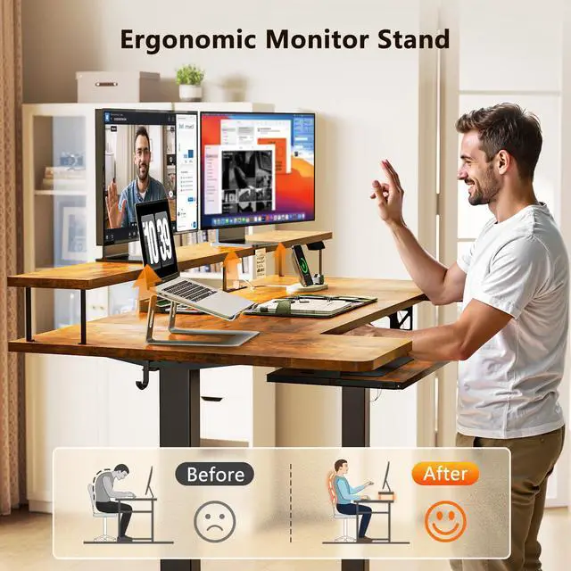 Alt view image 6 of 7 - 55 Inch U Shaped Standing Desk with Keyboard Tray, Rustic Brown | Power Outlet, Dual-Monitor Stand, LED Light, 3 Presets, 28.3"-46.5"in Range, 154 lb Capacity