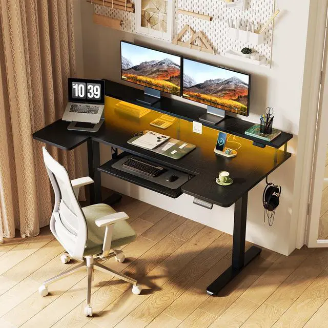 Alt view image 2 of 7 - 55 Inch U Shaped Electric Standing Desk with Keyboard Tray, Black | Power Outlet, Dual-Monitor Stand, LED Light, 3 Presets, 28.3"-46.5"in Range, 154 lb Capacity