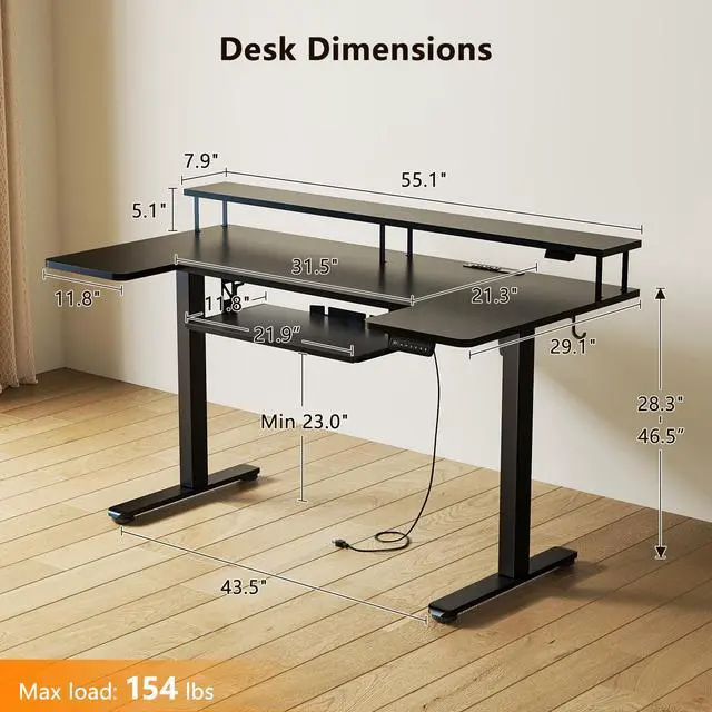 Alt view image 3 of 7 - 55 Inch U Shaped Electric Standing Desk with Keyboard Tray, Black | Power Outlet, Dual-Monitor Stand, LED Light, 3 Presets, 28.3"-46.5"in Range, 154 lb Capacity