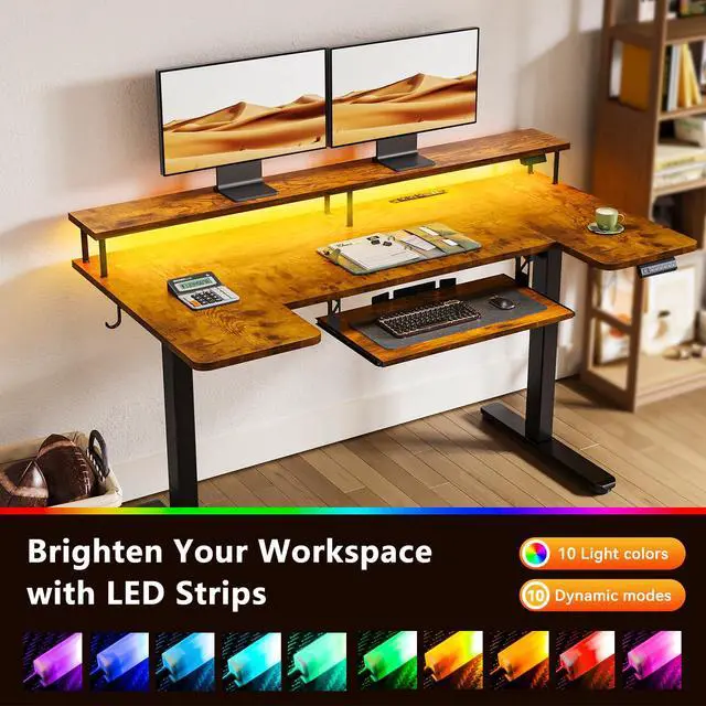 Alt view image 7 of 7 - 55 Inch U Shaped Standing Desk with Keyboard Tray, Rustic Brown | Power Outlet, Dual-Monitor Stand, LED Light, 3 Presets, 28.3"-46.5"in Range, 154 lb Capacity