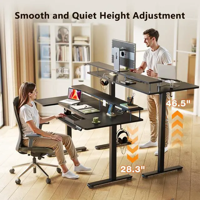 Alt view image 4 of 7 - 55 Inch U Shaped Electric Standing Desk with Keyboard Tray, Black | Power Outlet, Dual-Monitor Stand, LED Light, 3 Presets, 28.3"-46.5"in Range, 154 lb Capacity