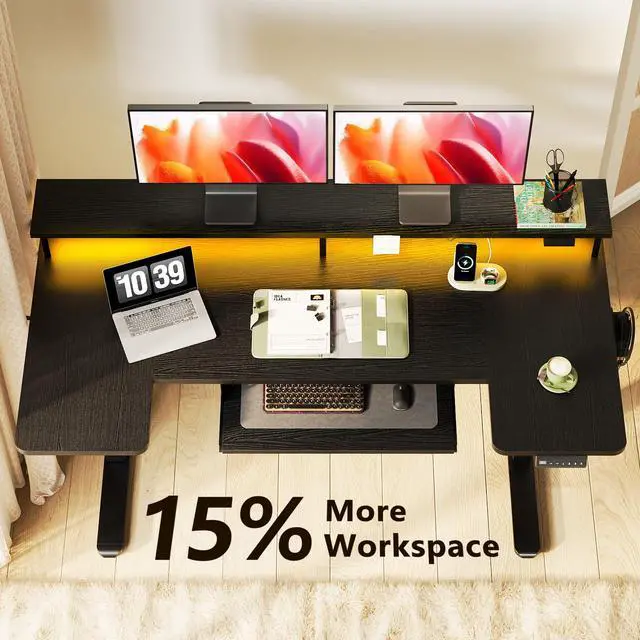 Alt view image 5 of 7 - 55 Inch U Shaped Electric Standing Desk with Keyboard Tray, Black | Power Outlet, Dual-Monitor Stand, LED Light, 3 Presets, 28.3"-46.5"in Range, 154 lb Capacity