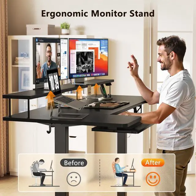 Alt view image 6 of 7 - 55 Inch U Shaped Electric Standing Desk with Keyboard Tray, Black | Power Outlet, Dual-Monitor Stand, LED Light, 3 Presets, 28.3"-46.5"in Range, 154 lb Capacity