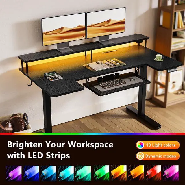 Alt view image 7 of 7 - 55 Inch U Shaped Electric Standing Desk with Keyboard Tray, Black | Power Outlet, Dual-Monitor Stand, LED Light, 3 Presets, 28.3"-46.5"in Range, 154 lb Capacity