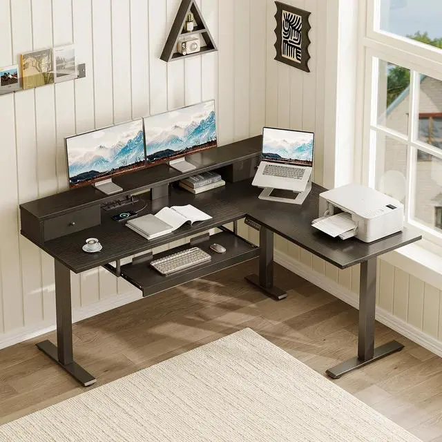 Alt view image 2 of 7 - 59" L Shaped Electric Standing Desk with Drawers, Black | Monitor Stand, Keyboard Tray, Fabric Drawer, Power Outlets, Height Adjustable Corner Stand Up Desk for Organized Home Office