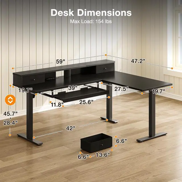 Alt view image 3 of 7 - 59" L Shaped Electric Standing Desk with Drawers, Black | Monitor Stand, Keyboard Tray, Fabric Drawer, Power Outlets, Height Adjustable Corner Stand Up Desk for Organized Home Office