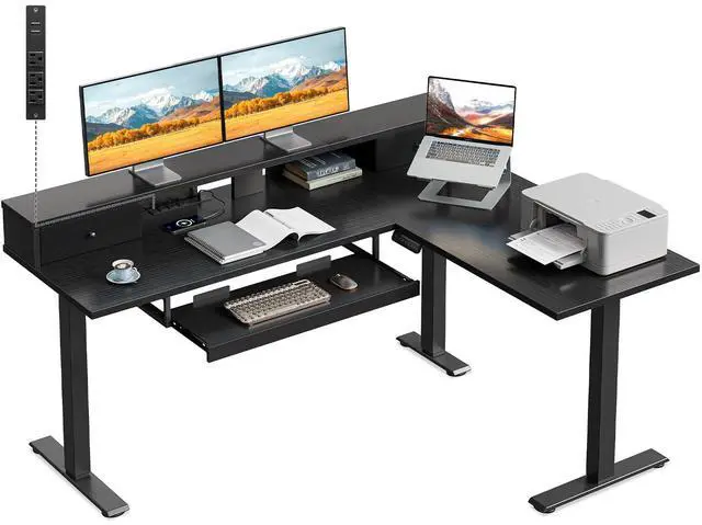 Main image of 59" L Shaped Electric Standing Desk with Drawers, Black | Monitor Stand, Keyboard Tray, Fabric Drawer, Power Outlets, Height Adjustable Corner Stand Up Desk for Organized Home Office