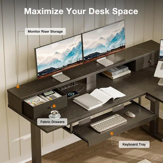 Alt view image 4 of 7 - 59" L Shaped Electric Standing Desk with Drawers, Black | Monitor Stand, Keyboard Tray, Fabric Drawer, Power Outlets, Height Adjustable Corner Stand Up Desk for Organized Home Office