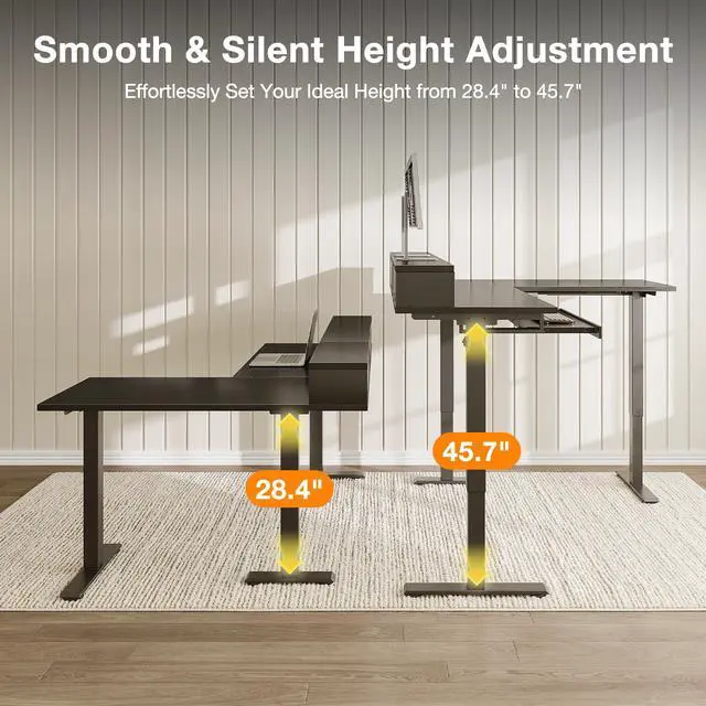 Alt view image 5 of 7 - 59" L Shaped Electric Standing Desk with Drawers, Black | Monitor Stand, Keyboard Tray, Fabric Drawer, Power Outlets, Height Adjustable Corner Stand Up Desk for Organized Home Office