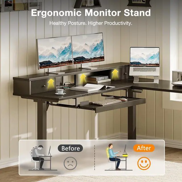 Alt view image 6 of 7 - 59" L Shaped Electric Standing Desk with Drawers, Black | Monitor Stand, Keyboard Tray, Fabric Drawer, Power Outlets, Height Adjustable Corner Stand Up Desk for Organized Home Office