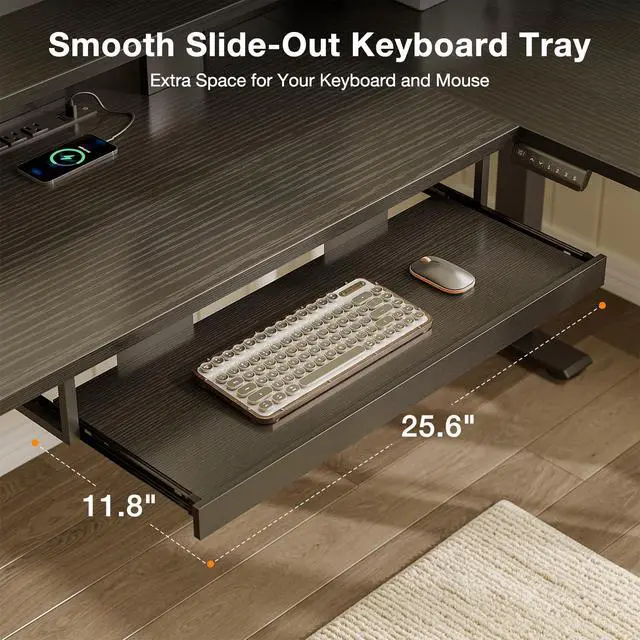 Alt view image 7 of 7 - 59" L Shaped Electric Standing Desk with Drawers, Black | Monitor Stand, Keyboard Tray, Fabric Drawer, Power Outlets, Height Adjustable Corner Stand Up Desk for Organized Home Office