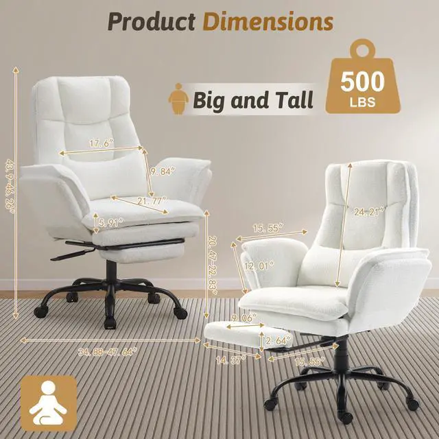Alt view image 2 of 7 - Wider Seat Office Chair with Flip Armrests for Criss Cross Legged&Cats, Big and Tall Executive Ergonomic Reclining Chair with Footrest&Lumbar Pillow, Teddy Fleece Desk Chair,White Vanity Chair