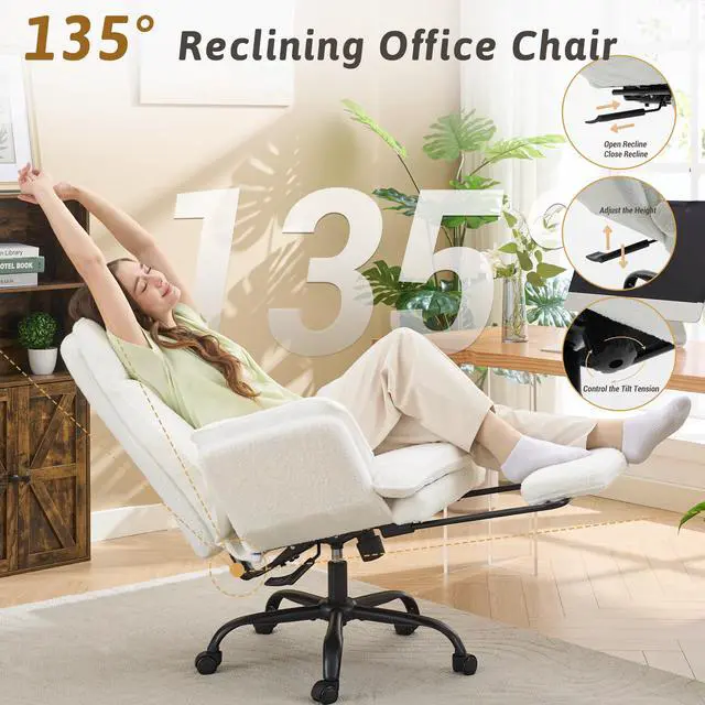 Alt view image 4 of 7 - Wider Seat Office Chair with Flip Armrests for Criss Cross Legged&Cats, Big and Tall Executive Ergonomic Reclining Chair with Footrest&Lumbar Pillow, Teddy Fleece Desk Chair,White Vanity Chair