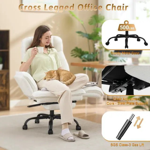 Alt view image 3 of 7 - Wider Seat Office Chair with Flip Armrests for Criss Cross Legged&Cats, Big and Tall Executive Ergonomic Reclining Chair with Footrest&Lumbar Pillow, Teddy Fleece Desk Chair,White Vanity Chair