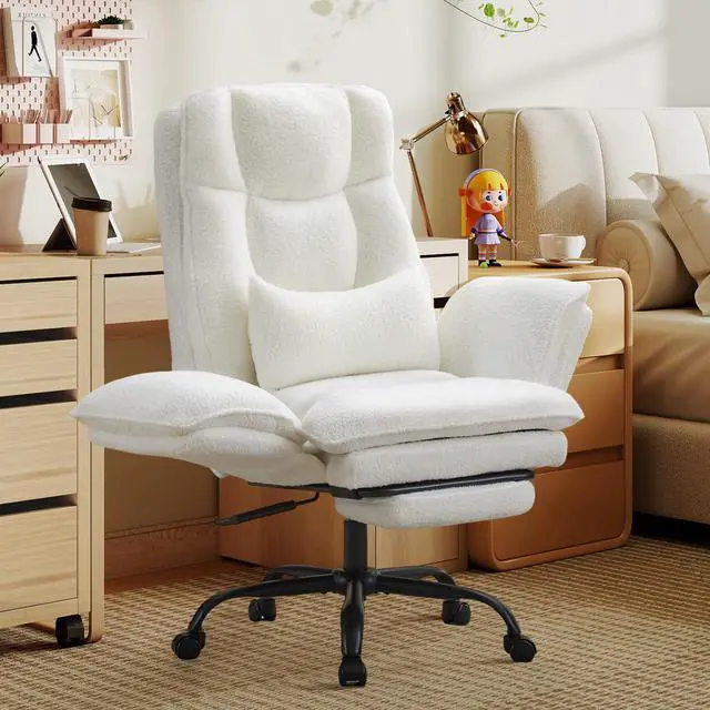 Alt view image 7 of 7 - Wider Seat Office Chair with Flip Armrests for Criss Cross Legged&Cats, Big and Tall Executive Ergonomic Reclining Chair with Footrest&Lumbar Pillow, Teddy Fleece Desk Chair,White Vanity Chair