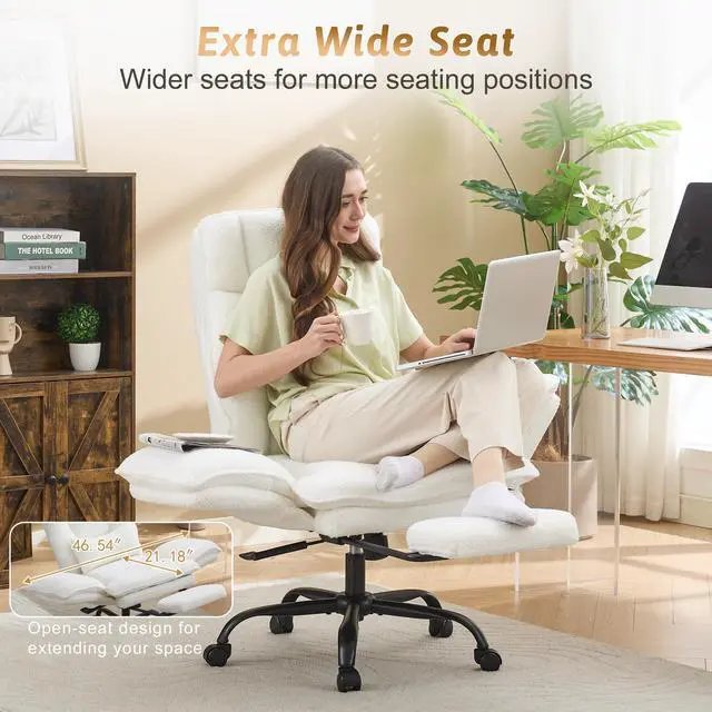 Alt view image 6 of 7 - Wider Seat Office Chair with Flip Armrests for Criss Cross Legged&Cats, Big and Tall Executive Ergonomic Reclining Chair with Footrest&Lumbar Pillow, Teddy Fleece Desk Chair,White Vanity Chair