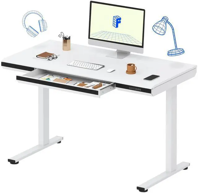 Main image of One-Piece 48" Standing Desk with Acrylic-Front Drawer, Fast-Assembly Ergonomic Sit-to-Stand Desk with MDF Top, 4 Height Memory Presets Touch-Control, Home Office Computer Workstation, White