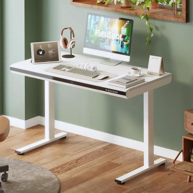 Alt view image 2 of 7 - One-Piece 48" Standing Desk with Acrylic-Front Drawer, Fast-Assembly Ergonomic Sit-to-Stand Desk with MDF Top, 4 Height Memory Presets Touch-Control, Home Office Computer Workstation, White