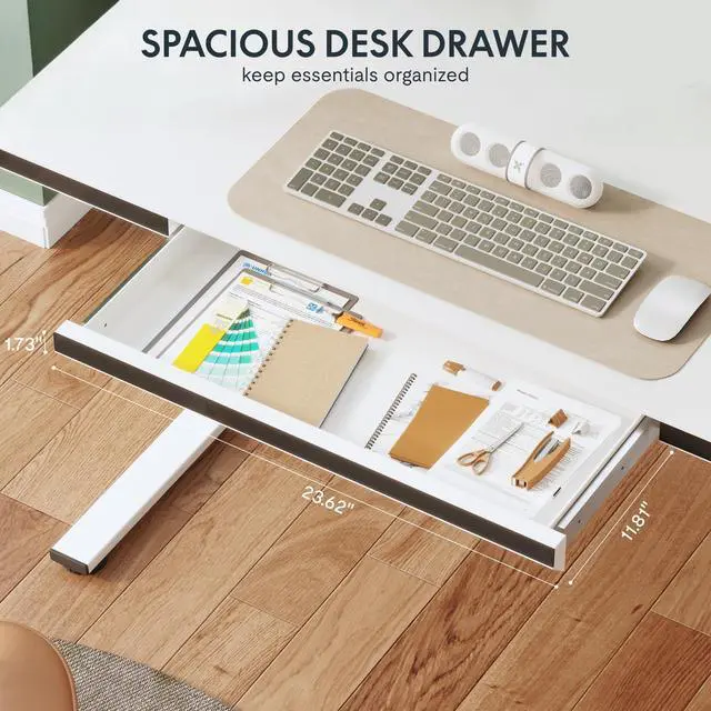 Alt view image 3 of 7 - One-Piece 48" Standing Desk with Acrylic-Front Drawer, Fast-Assembly Ergonomic Sit-to-Stand Desk with MDF Top, 4 Height Memory Presets Touch-Control, Home Office Computer Workstation, White