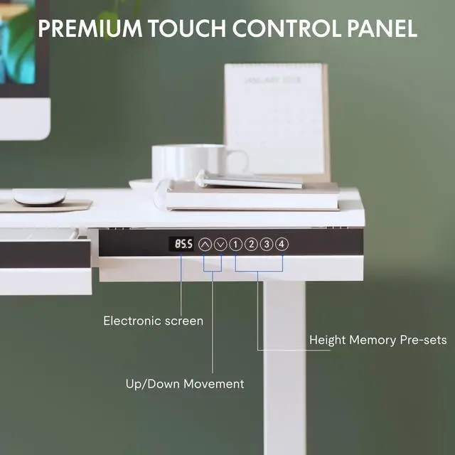 Alt view image 4 of 7 - One-Piece 48" Standing Desk with Acrylic-Front Drawer, Fast-Assembly Ergonomic Sit-to-Stand Desk with MDF Top, 4 Height Memory Presets Touch-Control, Home Office Computer Workstation, White