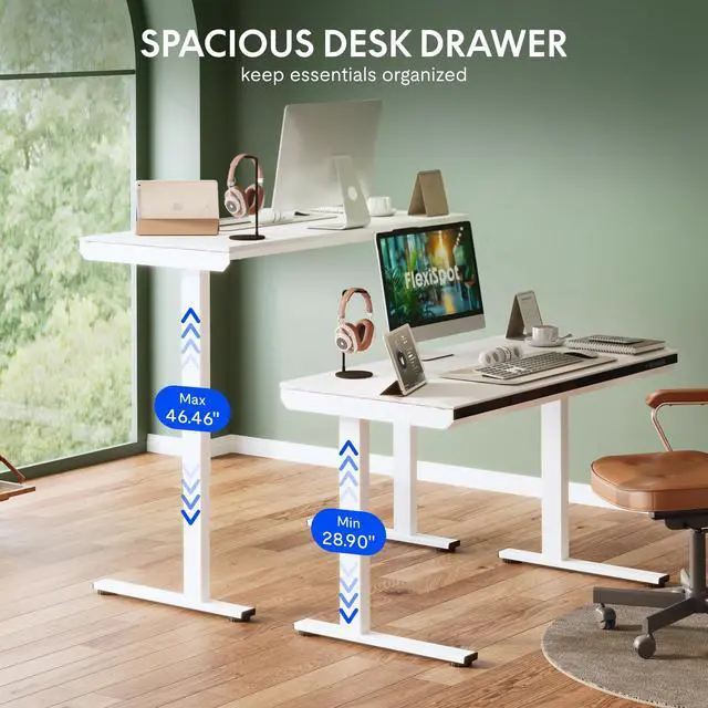Alt view image 7 of 7 - One-Piece 48" Standing Desk with Acrylic-Front Drawer, Fast-Assembly Ergonomic Sit-to-Stand Desk with MDF Top, 4 Height Memory Presets Touch-Control, Home Office Computer Workstation, White