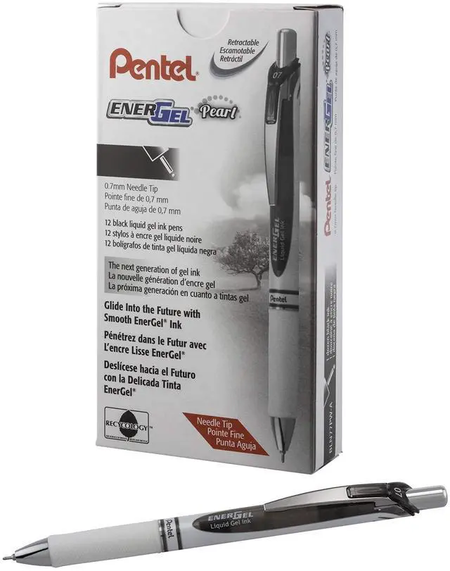 Main image of EnerGel Pearl RTX Retractable Liquid Gel Pen, (0.7mm), Medium Line, Needle Tip, Black Ink, 12 pack (BLN77PW-A)