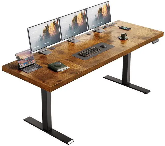 Main image of 71" Executive Electric Standing Desk Height Adjustable, Rustic Brown | 1.38" Thick 3-Panel Desktop, Power Outlets, 3 Memory Presets, Dual-Beam Frame for Home Office, Workstation, Conference Room