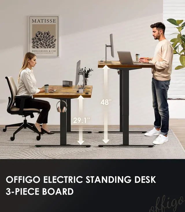 Alt view image 3 of 7 - 71" Executive Electric Standing Desk Height Adjustable, Rustic Brown | 1.38" Thick 3-Panel Desktop, Power Outlets, 3 Memory Presets, Dual-Beam Frame for Home Office, Workstation, Conference Room