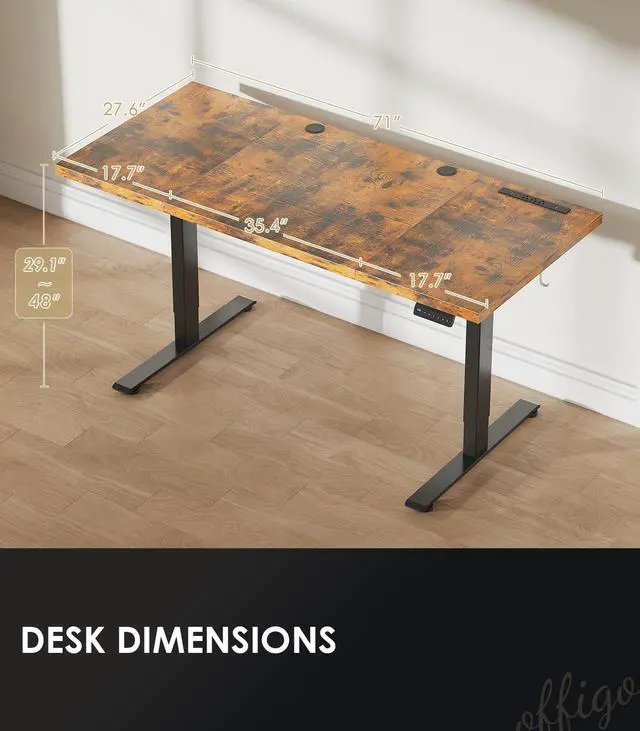 Alt view image 4 of 7 - 71" Executive Electric Standing Desk Height Adjustable, Rustic Brown | 1.38" Thick 3-Panel Desktop, Power Outlets, 3 Memory Presets, Dual-Beam Frame for Home Office, Workstation, Conference Room