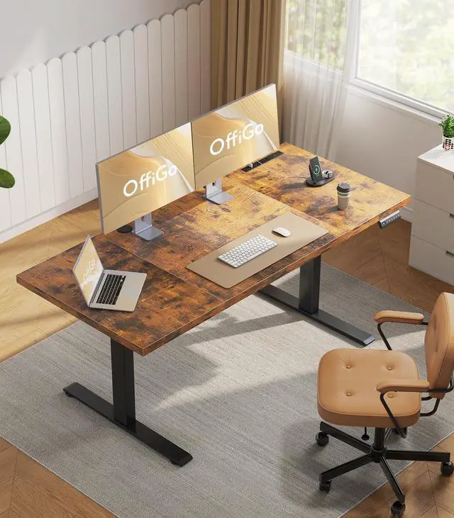Alt view image 2 of 7 - 71" Executive Electric Standing Desk Height Adjustable, Rustic Brown | 1.38" Thick 3-Panel Desktop, Power Outlets, 3 Memory Presets, Dual-Beam Frame for Home Office, Workstation, Conference Room