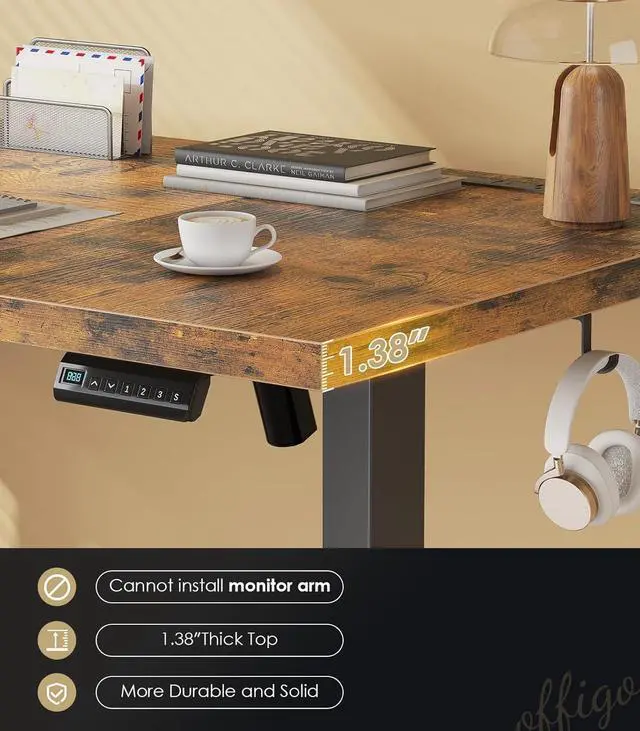 Alt view image 5 of 7 - 71" Executive Electric Standing Desk Height Adjustable, Rustic Brown | 1.38" Thick 3-Panel Desktop, Power Outlets, 3 Memory Presets, Dual-Beam Frame for Home Office, Workstation, Conference Room