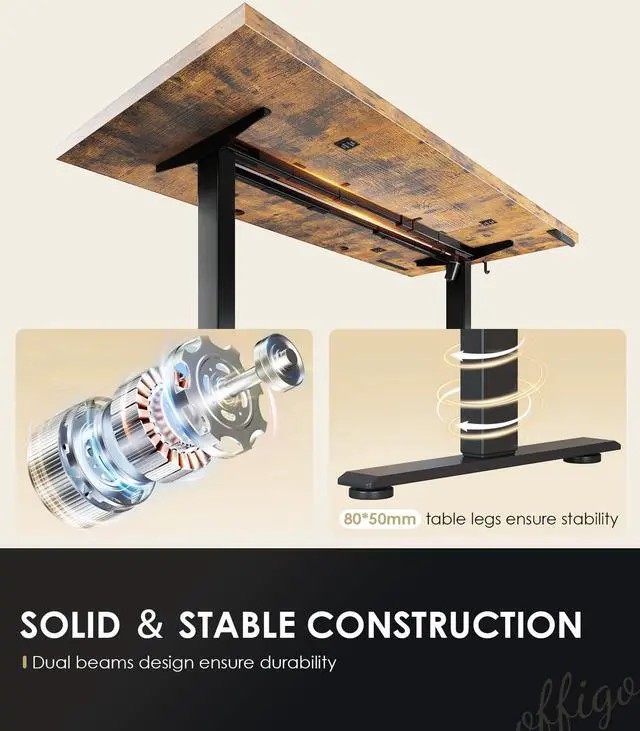 Alt view image 6 of 7 - 71" Executive Electric Standing Desk Height Adjustable, Rustic Brown | 1.38" Thick 3-Panel Desktop, Power Outlets, 3 Memory Presets, Dual-Beam Frame for Home Office, Workstation, Conference Room