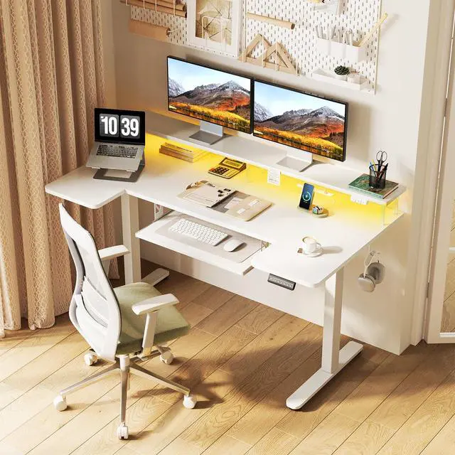 Alt view image 2 of 7 - 55 Inch U Shaped Electric Standing Desk with Keyboard Tray, White | Power Outlet, Dual-Monitor Stand, LED Light, 3 Presets, 28.3"-46.5"in Range, 154 lb Capacity
