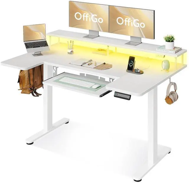Main image of 55 Inch U Shaped Electric Standing Desk with Keyboard Tray, White | Power Outlet, Dual-Monitor Stand, LED Light, 3 Presets, 28.3"-46.5"in Range, 154 lb Capacity