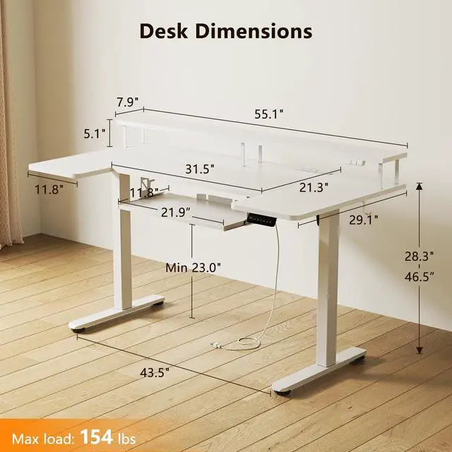 Alt view image 3 of 7 - 55 Inch U Shaped Electric Standing Desk with Keyboard Tray, White | Power Outlet, Dual-Monitor Stand, LED Light, 3 Presets, 28.3"-46.5"in Range, 154 lb Capacity