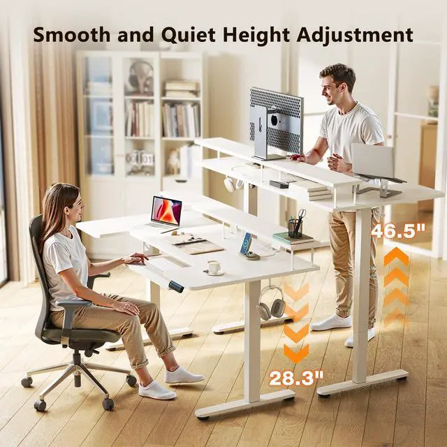 Alt view image 4 of 7 - 55 Inch U Shaped Electric Standing Desk with Keyboard Tray, White | Power Outlet, Dual-Monitor Stand, LED Light, 3 Presets, 28.3"-46.5"in Range, 154 lb Capacity