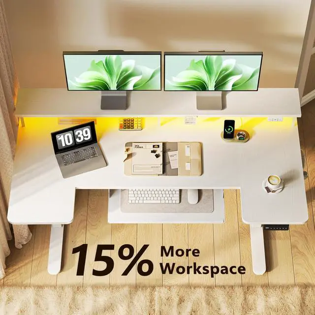 Alt view image 5 of 7 - 55 Inch U Shaped Electric Standing Desk with Keyboard Tray, White | Power Outlet, Dual-Monitor Stand, LED Light, 3 Presets, 28.3"-46.5"in Range, 154 lb Capacity