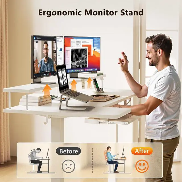 Alt view image 6 of 7 - 55 Inch U Shaped Electric Standing Desk with Keyboard Tray, White | Power Outlet, Dual-Monitor Stand, LED Light, 3 Presets, 28.3"-46.5"in Range, 154 lb Capacity