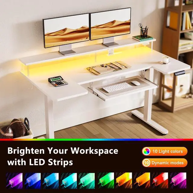 Alt view image 7 of 7 - 55 Inch U Shaped Electric Standing Desk with Keyboard Tray, White | Power Outlet, Dual-Monitor Stand, LED Light, 3 Presets, 28.3"-46.5"in Range, 154 lb Capacity