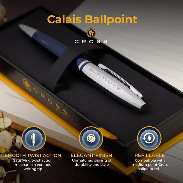 Alt view image 4 of 6 - Cross Calais Personalized Ballpoint Pen in Blue Lacquer with Chrome Cap | Engraved Pen for Graduation, Job Promotion, Retirement, Office