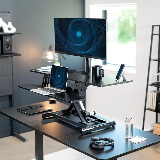 Alt view image 2 of 7 - Black 47 inch Electric Desk Converter, DESK-VE48B | Height Adjustable, Stand Up Desk Riser, Wide Keyboard Tray, Dual Monitor and Laptop Workstation