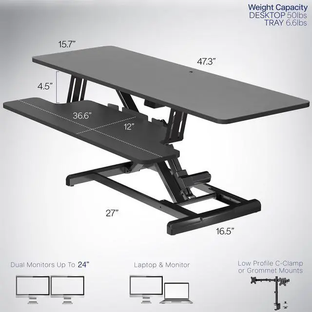Alt view image 3 of 7 - Black 47 inch Electric Desk Converter, DESK-VE48B | Height Adjustable, Stand Up Desk Riser, Wide Keyboard Tray, Dual Monitor and Laptop Workstation
